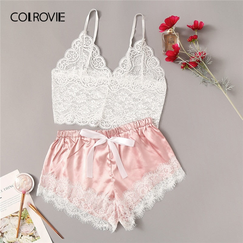 COLROVIE Floral Lace Cami Top With Satin Shorts Bra